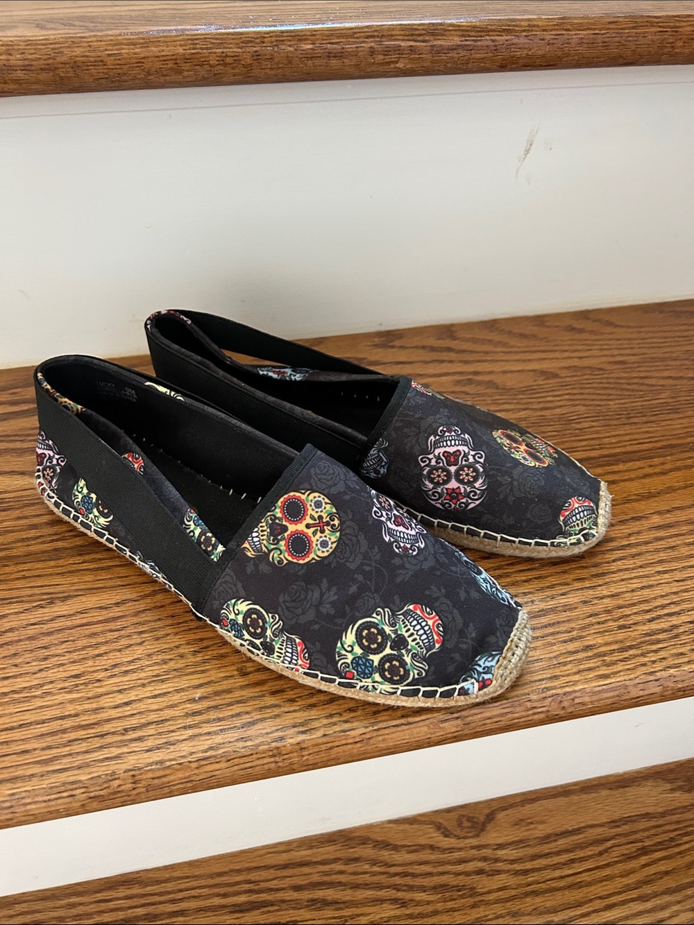 Loudmouth Black Espadrilles with Colorful Sugar Skull Print